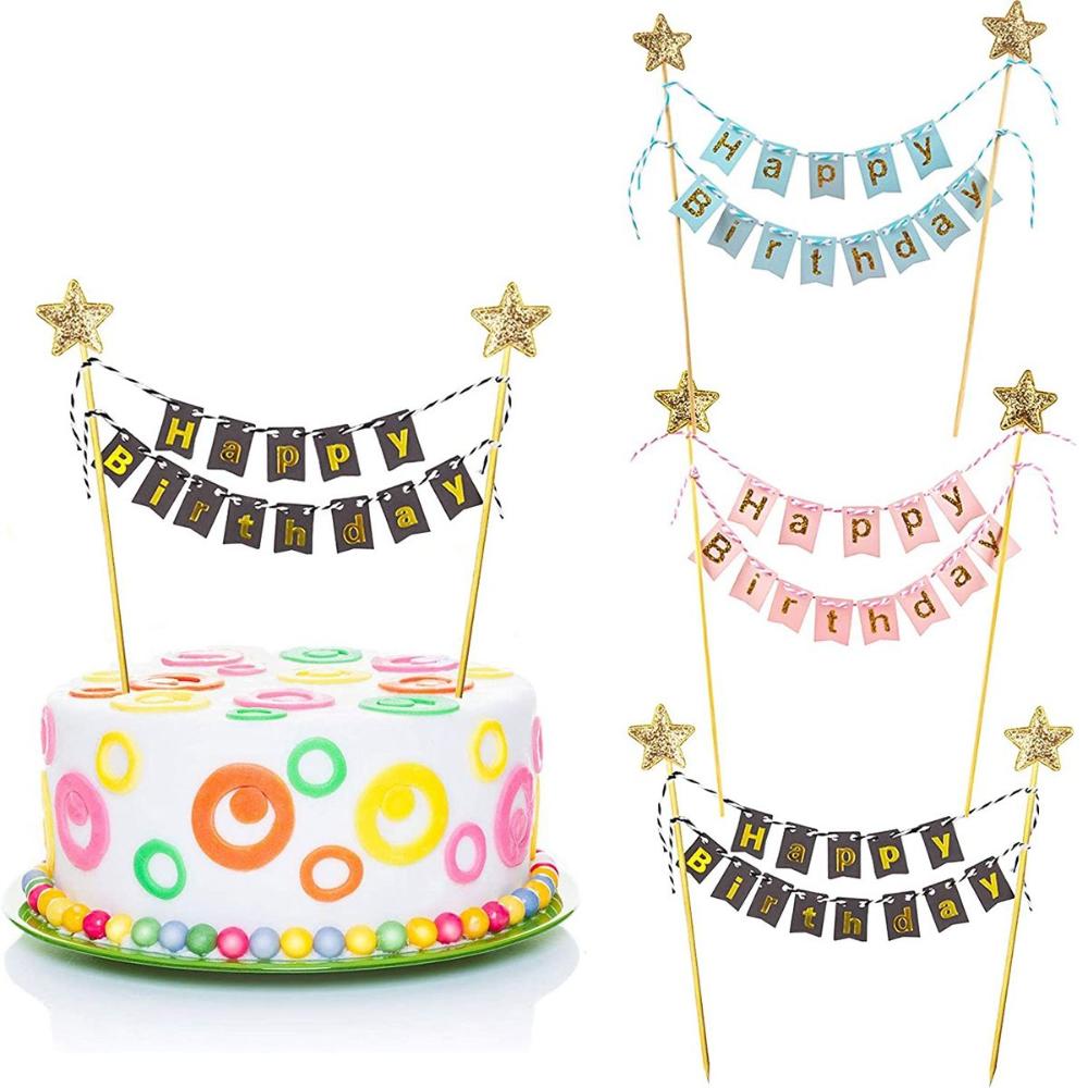 Party Banner Gold - Bandeiras de bolo de feliz aniversário