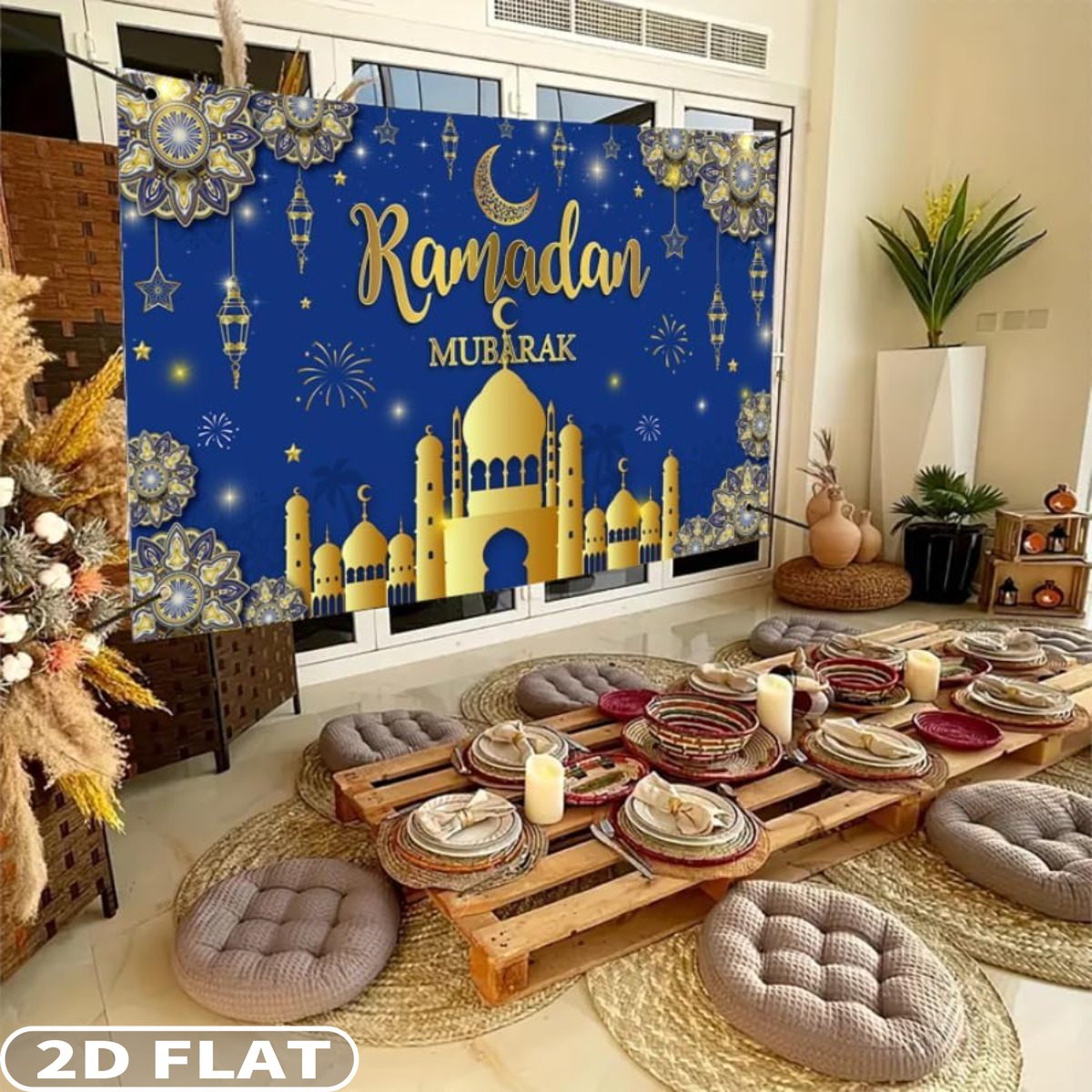 Party Banner Gold - 2d plana 1pc ramadan mubarak cenários